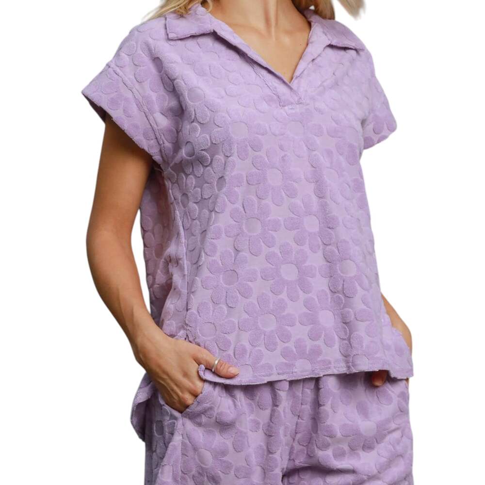 Umgee Purple Embossed Daisy Floral Terry Cloth Collared Top Size S